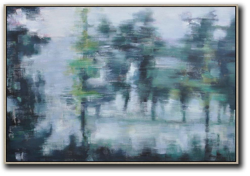 Large Abstract Art,Horizontal Abstract Landscape Oil Painting On Canvas,Unique Canvas Art,Grey,Dark Green,White.etc